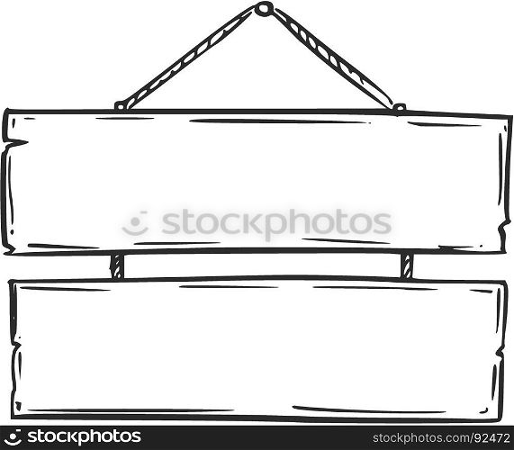 Vector drawing of empty blank wooden sign board with rope
