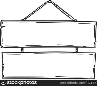 Vector drawing of empty blank wooden sign board with rope