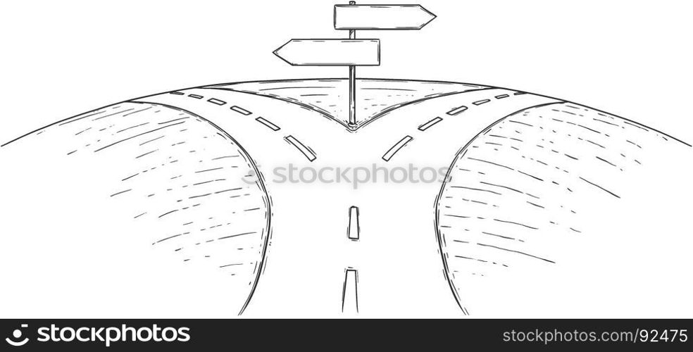 Vector drawing of fork in the road with empty blank decision arrow signs.