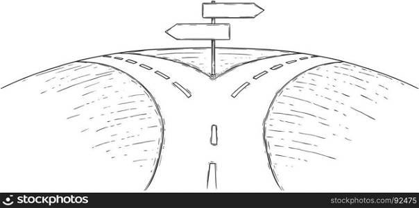 Vector drawing of fork in the road with empty blank decision arrow signs.