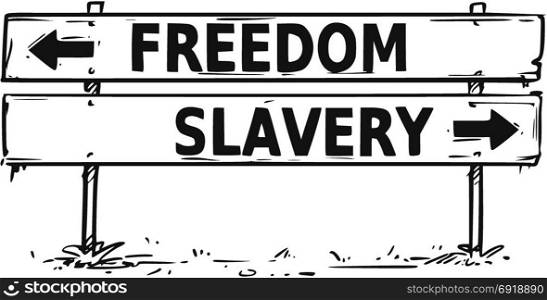 Vector drawing of freedom or slavery business decision road block arrow sign.