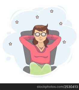 Vector drawing of girl sitting in chair and dreaming in pink sweater with closed eyes on background with stars