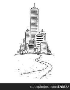 Vector drawing of group of generic modern high rise buildings in far and road leading there. Business concept of career and success.. Vector Drawing of Group of Generic Buildings in Far and Road Leading to City