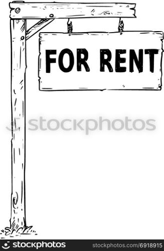 Vector drawing of hanging wooden sign board with business text for rent.