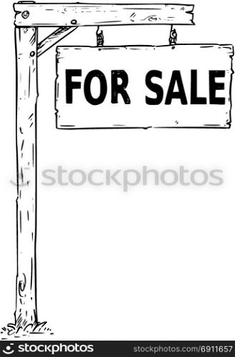 Vector drawing of hanging wooden sign board with business text for sale.