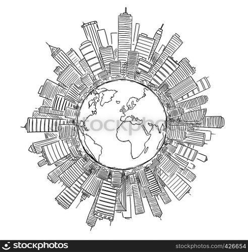 Vector drawing of high rise modern buildings covering globe or circle as representation of global civilization or business. Concept of financial sector and global economics.. Vector Drawing of Generic Modern High Rise Buildings Around Circle or Globe