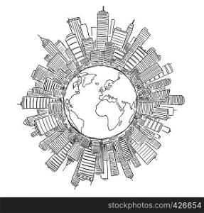 Vector drawing of high rise modern buildings covering globe or circle as representation of global civilization or business. Concept of financial sector and global economics.. Vector Drawing of Generic Modern High Rise Buildings Around Circle or Globe