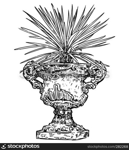Vector drawing of old ornamental antique garden goblet or vase made from stone with yucca plant.. Drawing of Old Antique Ornamental Stone Goblet or Vase With Yucca Plant