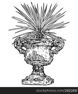 Vector drawing of old ornamental antique garden goblet or vase made from stone with yucca plant.. Drawing of Old Antique Ornamental Stone Goblet or Vase With Yucca Plant
