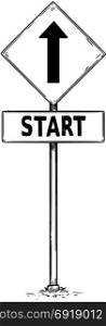 Vector drawing of one way arrow traffic sign with start business text board.