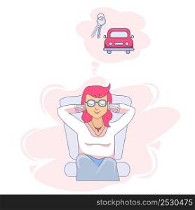 Vector drawing of sitting and dreaming girl with closed eyes. Above her is cloud with her desires - bunch of keys and pink car.