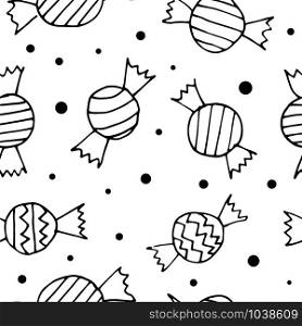 Vector drawing of sweet candies in vector line art. Children, kids, toddler drawings for pattern, wrapping paper, template design. Baby shower style ideas. Postcard greeting invite modern illustration.