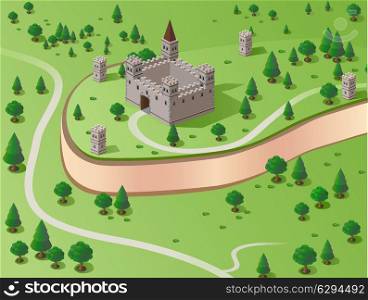 Vector drawing of the castle in the background section of the forest