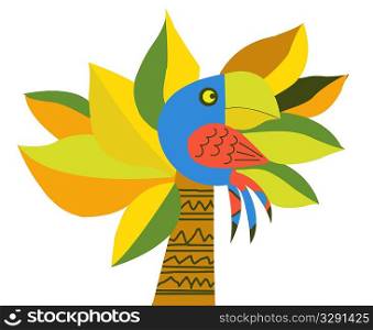 vector drawing of the parrot on palm