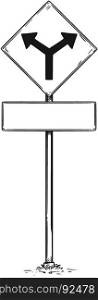 Vector drawing of two ways arrow traffic sign with empty blank board decision.