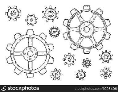 Vector drawing or illustration of set of cogwheels or gearwheels or toothed wheels in black on white background.. Vector Drawing of Set of Cogwheels or Gearwheels or Toothed Wheels