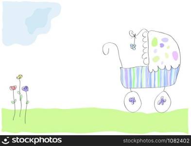 Vector drawing pram with baby