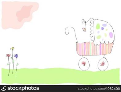 Vector drawing pram with baby girl
