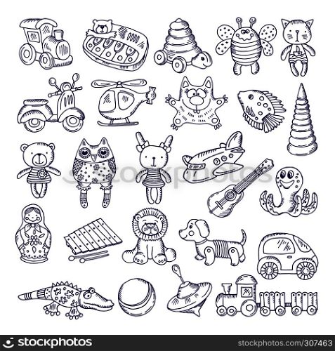 Vector drawing vintage collection of toys. Children games. Illustration isolate on white. Toys for game and play in cartoon style. Vector drawing vintage collection of toys. Children games. Illustration isolate on white