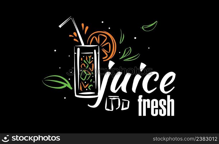 Vector drawn logo of fresh juice on a black background.. Vector drawn logo of fresh juice on a black background
