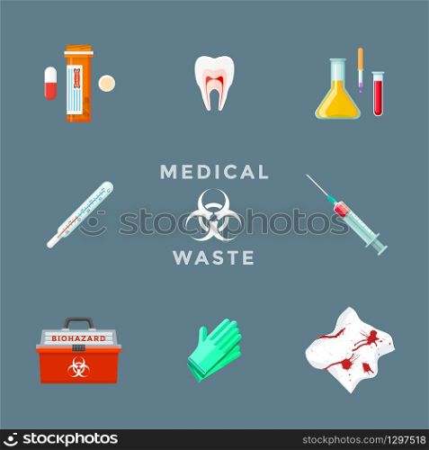 vector drugs pharmacy teeth organs chemicals thermometer syringe used gloves dirty bloody bandages medical waste biohazard management set. dangerous medical waste management set