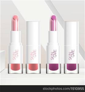 Vector Dual Layers Core Lipstick with White Tube and Transparent Base Packaging. Minimal Geometric White Background.