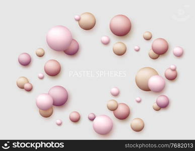 Vector dynamic background with colorful realistic 3d balls. Round sphere in pearls pastel colors on white backdrop. Powder balls, foundation, powder, blush, meteorites. Abstract template for social media, advertising cosmetic cover.. Vector dynamic background with colorful realistic 3d balls. Round sphere in pearls pastel colors on backdrop. Powder balls, foundation, powder, blush, meteorites.