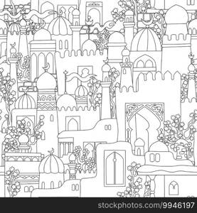 Vector east cartoon buildings seamless pattern. Sketchy fairy tale city illustration.. Vector east cartoon buildings seamless pattern