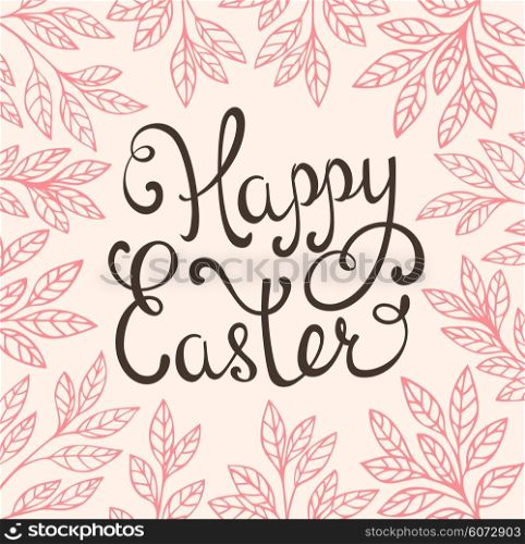 Vector Easter background with greeting inscription and pink leaves
