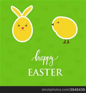 Vector easter card with egg, rabbit, chick on green grass background.