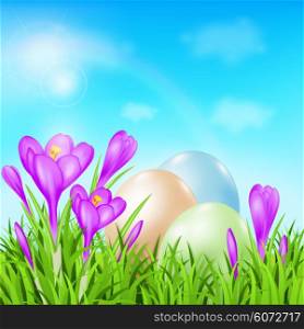 Vector Easter card with eggs, violet crocuses and green grass