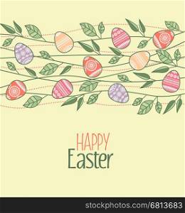 Vector Easter decoration with branches and leaves, Easter eggs