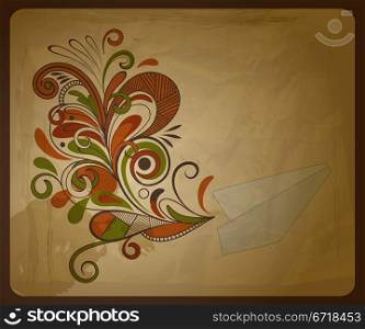 vector eco concept composition with a paper plane and and floral pattern on crumpled paper texture, eps 10,