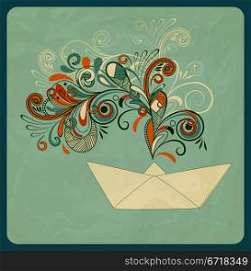 vector eco concept with a ship and floral pattern instead of smoke, crumpled paper texture, eps 10, mesh