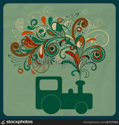 vector eco concept with asteam train and floral pattern instead of smoke, crumpled paper texture, eps 10, mesh