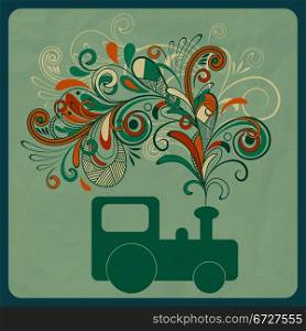 vector eco concept with asteam train and floral pattern instead of smoke, crumpled paper texture, eps 10, mesh