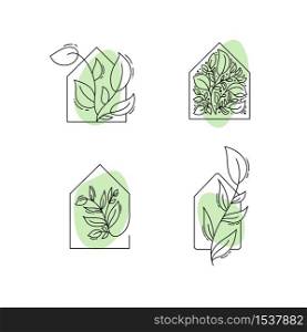 Vector eco house icon with leaves. logo template in black and green color isolated on white background. Doodle style. Design print poster, symbol decor.. Vector eco house icon with leaves. logo template in black and green color isolated on white background. Doodle style. Design print poster, symbol decor