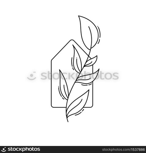 Vector eco house icon with leaves. logo template in black color isolated on white background. Doodle style. Design print poster, symbol decor.. Vector eco house icon with leaves. logo template in black color isolated on white background. Doodle style. Design print poster, symbol decor