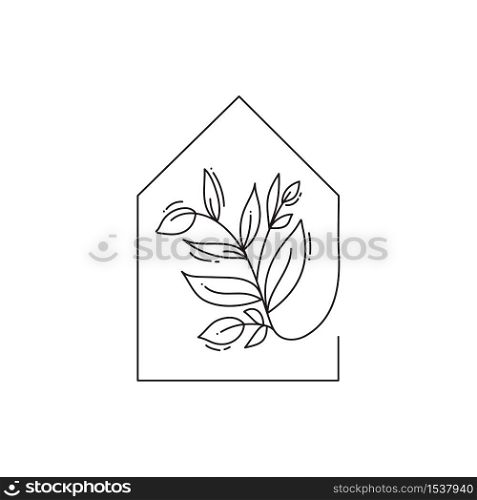 Vector eco house icon with leaves. logo template in black color isolated on white background. Doodle style. Design print poster, symbol decor.. Vector eco house icon with leaves. logo template in black color isolated on white background. Doodle style. Design print poster, symbol decor