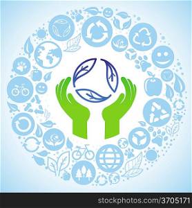 Vector ecology concept - hands and recycle sign