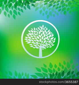 Vector ecology concept - tree emblem in round frame on green background