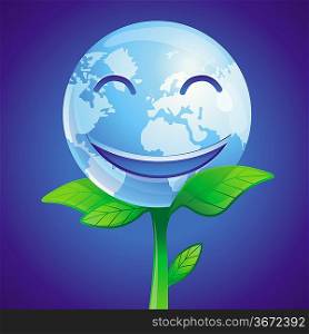 Vector ecology concept - vector smiling planet with green leaves