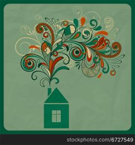 vector ecology concept with small house and floral smoke coming from the pipe, crumpled paper texture, eps 10