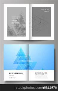Vector editable layout of two A4 format cover mockups design templates for bifold brochure, magazine, flyer. Polygonal background with triangles, connecting dots and lines. Connection structure.. Vector editable layout of two A4 format cover mockups design templates for bifold brochure, magazine, flyer. Polygonal background with triangles, connecting dots and lines. Connection structure