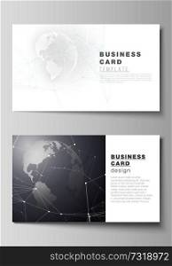 Vector editable layout of two creative business cards design templates. Futuristic geometric design with world globe, connecting lines and dots. Global network connections, technology digital concept. Vector editable layout of two creative business cards design templates. Futuristic geometric design with world globe, connecting lines and dots. Global network connections, technology digital concept.