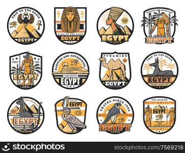 Vector egyptian gods, rarities and antiques, pyramids and museum icons. Camel and scarab, Nefertiti queen and Anubis, Horus God falcon. Egyptian culture, history and religion symbols. Egyptian culture, history, religion icons