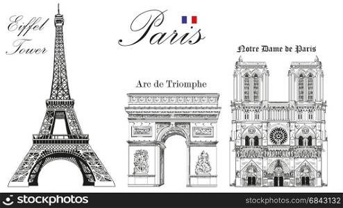 Vector Eiffel Tower, Triumphal Arch and Notre Dame Cathedral vector hand drawing image