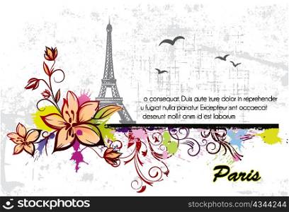 vector eiffel tower with floral and grunge