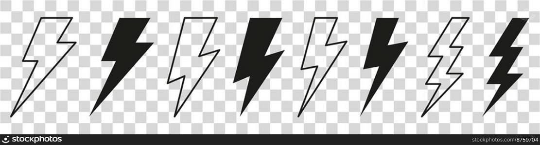 Vector electric lightning bolt logo set isolated on white background for electric power symbol, poster, t shirt. Thunder icon. Storm pictogram. Flash