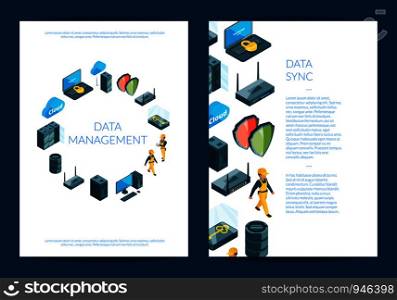 Vector electronic system of data center icons card or flyer template illustration. Vector electronic system of data center